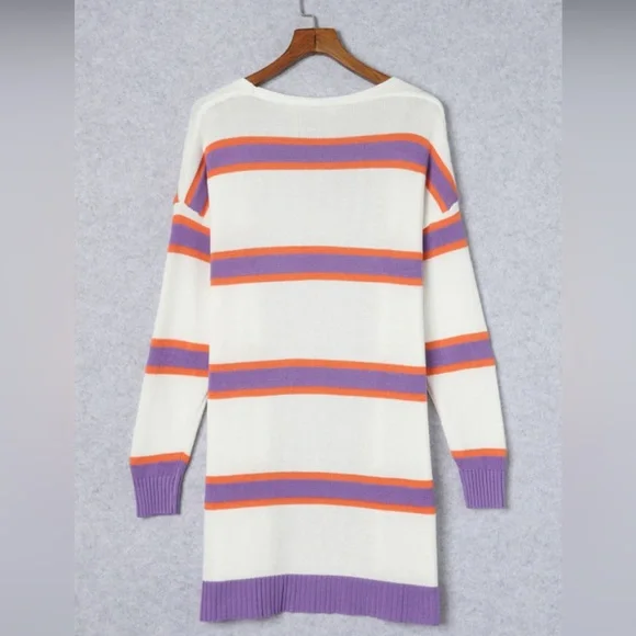Striped Purple and Orange Women's Cardigan Knit Sweater size XL (16) - Picture 6 of 7